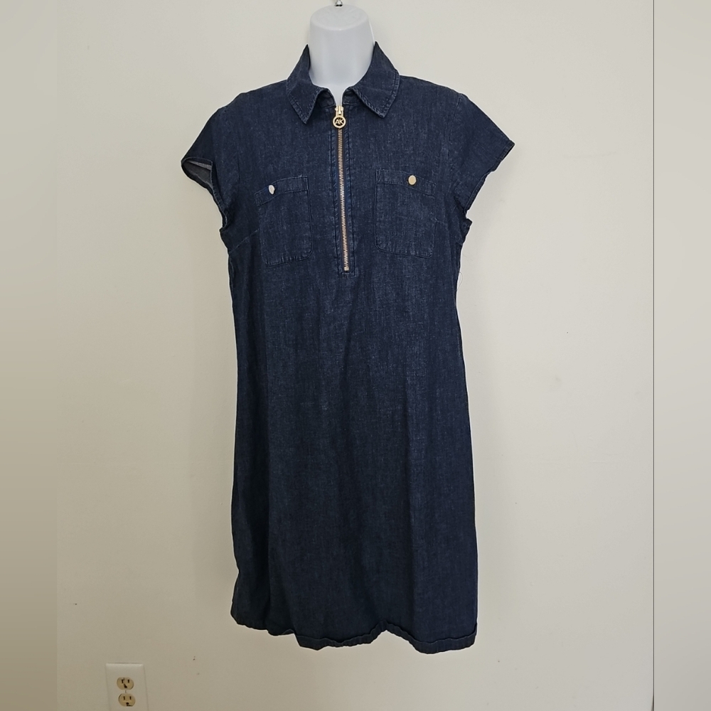 Anne Klein Dark Blue Denim Shift Dress 1/2 ZIP Collar Cap Sleeve Size 6 Stretch
